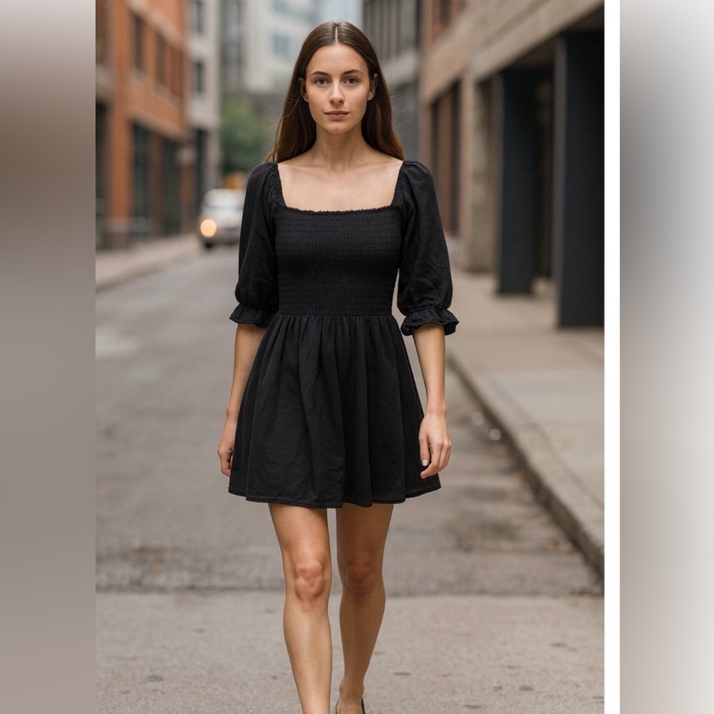 Wayf Elegant Black Puff Sleeve Mini Dress